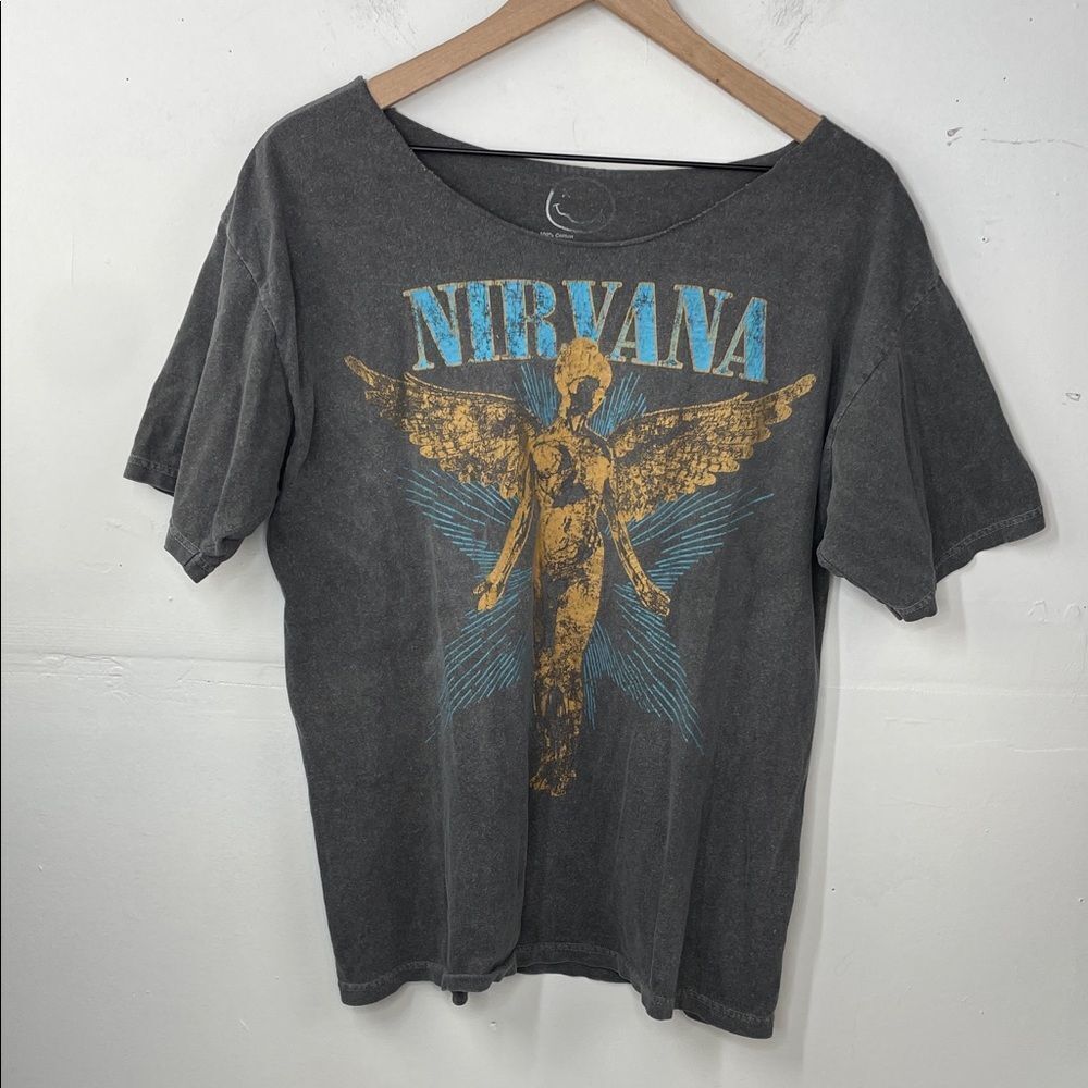 NIRVANA Angel Graphic Tee Gray and Gold size M/L neckline cut out